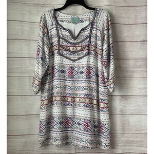 Skies are Blue Multi-colored Geometric Tunic Shift Dress Embroidered Boho Size M